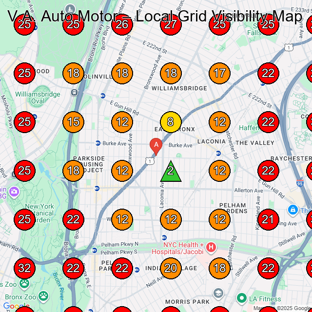 V.A. Auto Motor GeoGrid visibility map for Used Car Dealer in Bronx